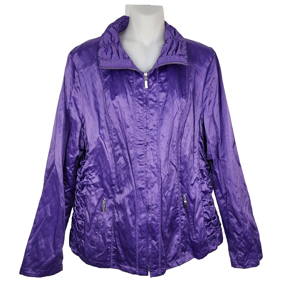 Laura Ashley Jacket Large Purple Zip Front Zip Pockets Ruched Sides Metallic